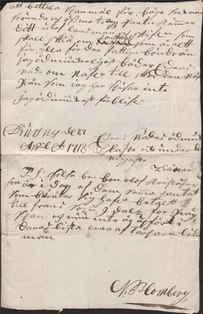 N Blomberg brev 27 april 1718 till Christina Piper sid 2